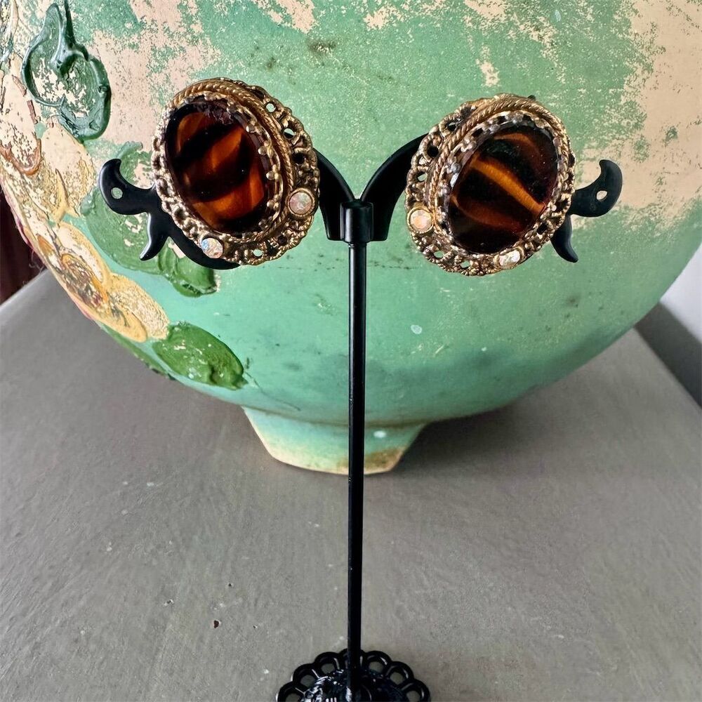 Vintage Brown Tortoise Glass Rhinestone Armlet West Germany